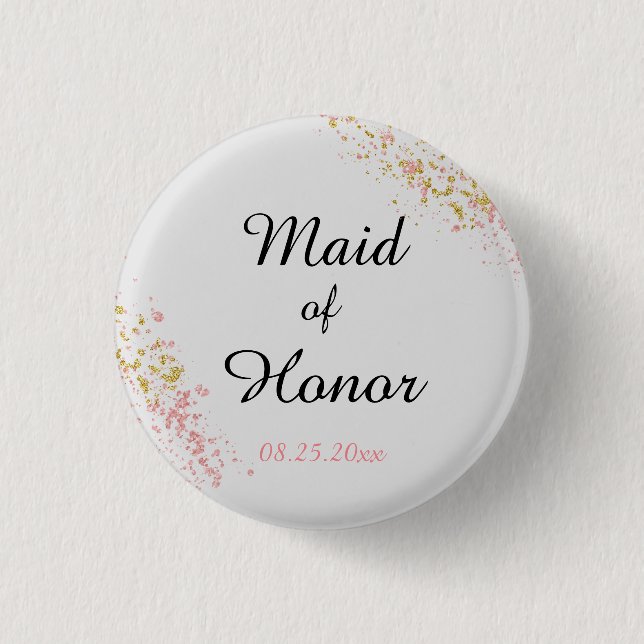 Pink and Gold Glitter Maid of Honor Button (Front)