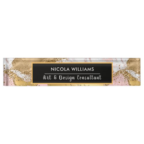 Pink and Gold Glitter Marble Agate Desk Name Plate