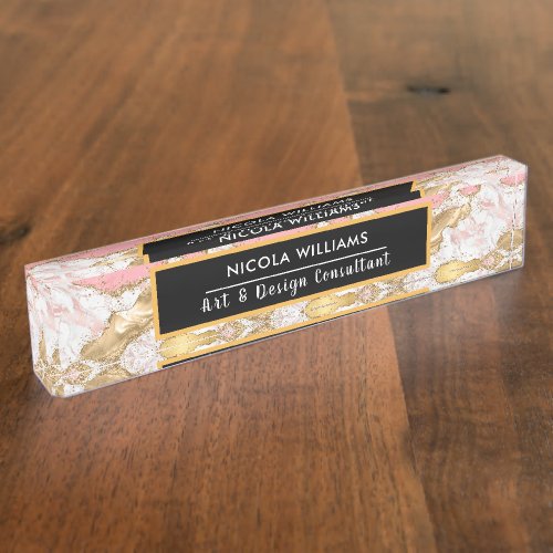 Pink and Gold Glitter Marble Agate Desk Name Plate