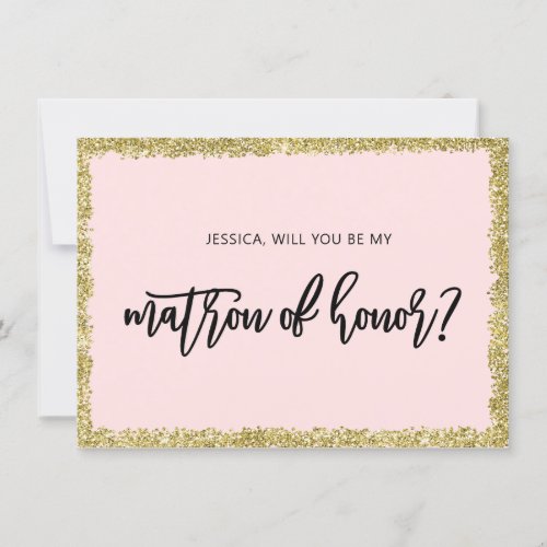 Pink and Gold Glitter Matron of honor proposal Invitation