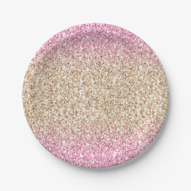 Pink and Gold Glitter Ombre Kids Birthday Party Paper Plates (Front)