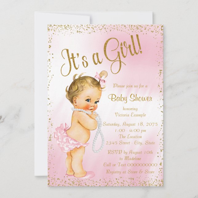 Pink and Gold Glitter Pearl Baby Shower Invitation (Front)