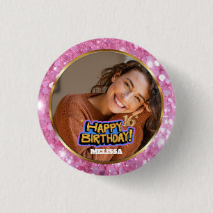 Pink and Gold Glitter Photo Name 16th Birthday Button