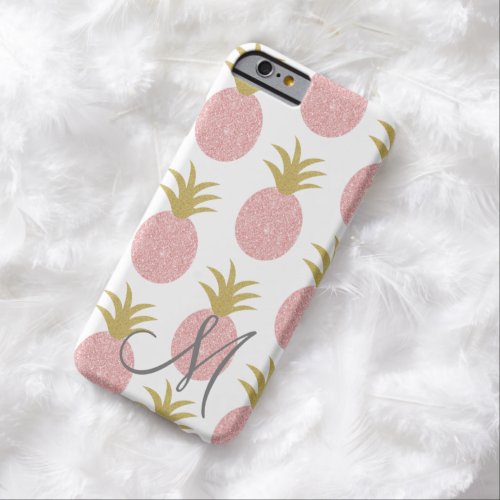 Pink and Gold Glitter Pineapple Monogram Barely There iPhone 6 Case