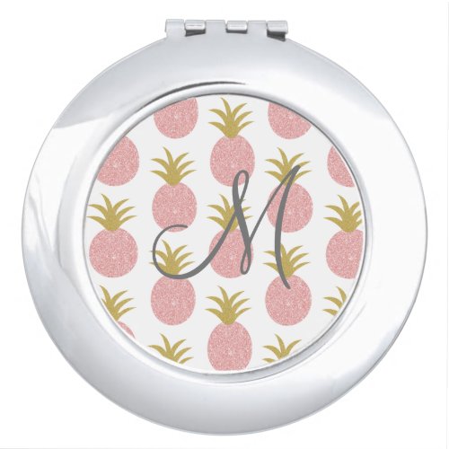 Pink and Gold Glitter Pineapple Monogram Compact Mirror