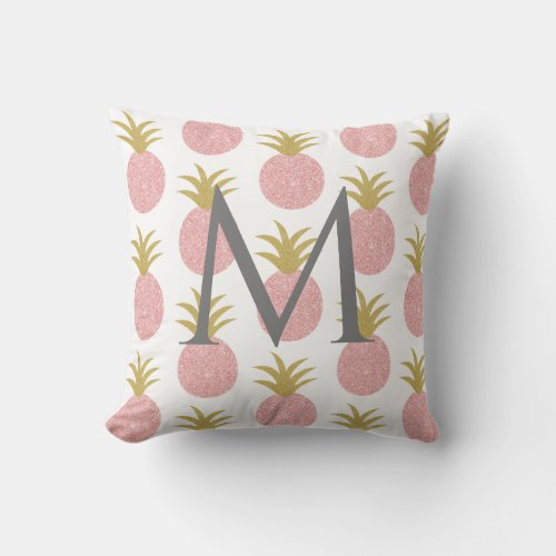 Pink and Gold Glitter Pineapple Monogram Throw Pillow