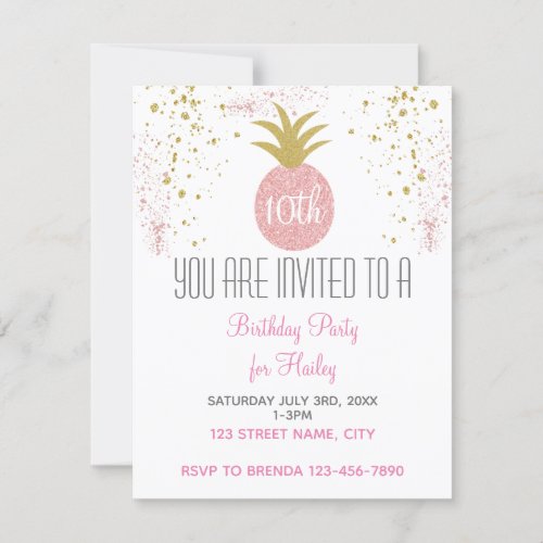 Pink and Gold Glitter Pineapple Party Invitation