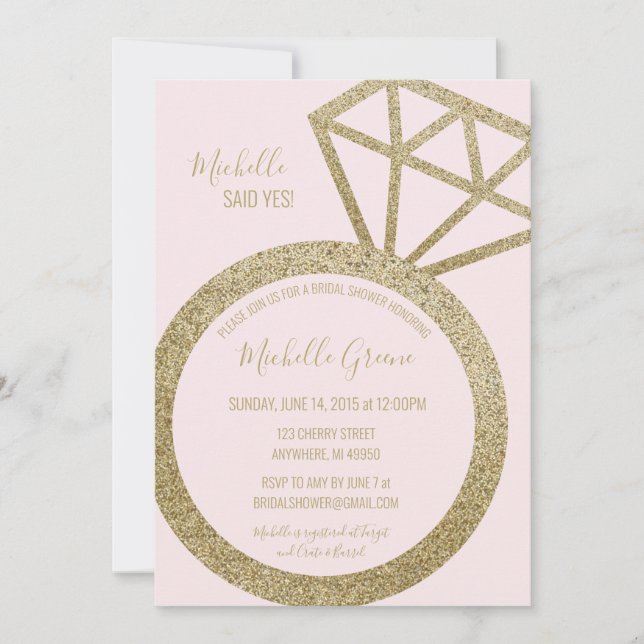 Pink and Gold Glitter Ring - She Said Yes! Invitation (Front)