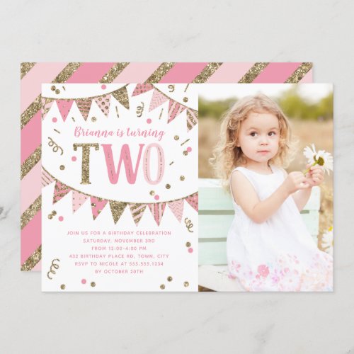 Pink and Gold Glitter Second Birthday Party Photo Invitation