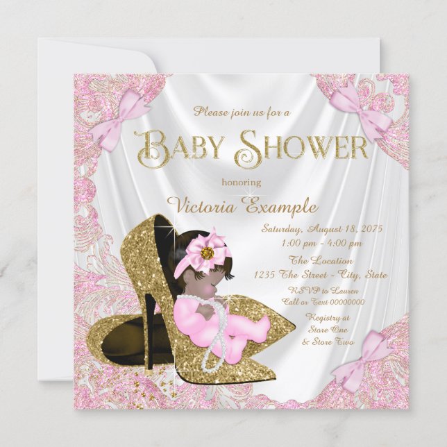 Pink and Gold Glitter Shoe Baby Shower Invitation (Front)