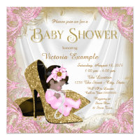 Pink and Gold Glitter Shoe Pearl Baby Shower Card