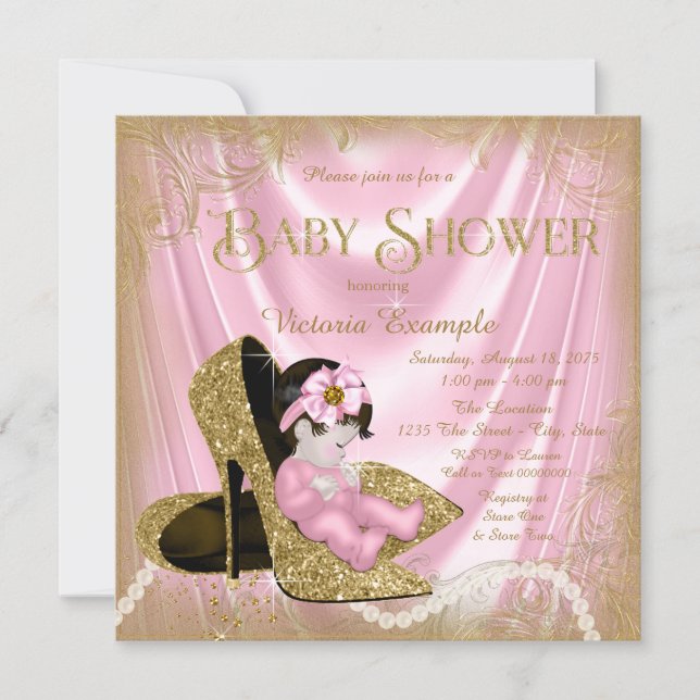 Pink and Gold Glitter Shoe Pearl Baby Shower Invitation (Front)