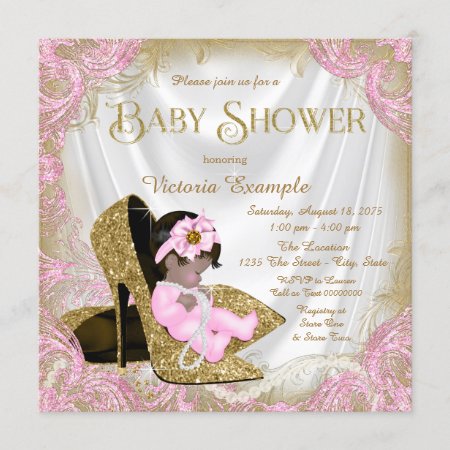 Pink And Gold Glitter Shoe Pearl Baby Shower Invitation
