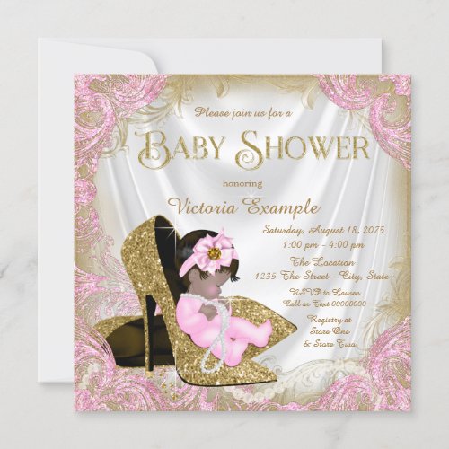 Pink and Gold Glitter Shoe Pearl Baby Shower Invitation