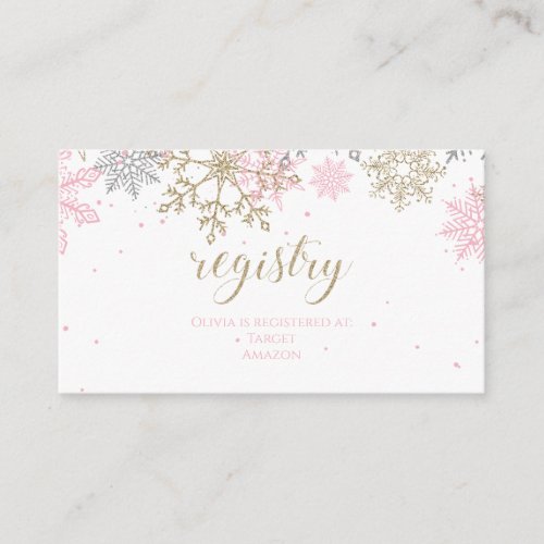 Pink and Gold Glitter Snowflake Baby Registry Enclosure Card
