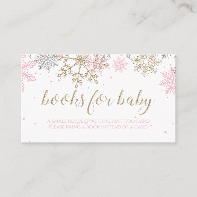 Pink and Gold Glitter Snowflake Books for baby Enclosure Card (Front)