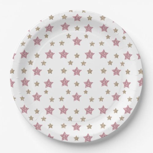 Pink and Gold Glitter Star 9 Paper Plate