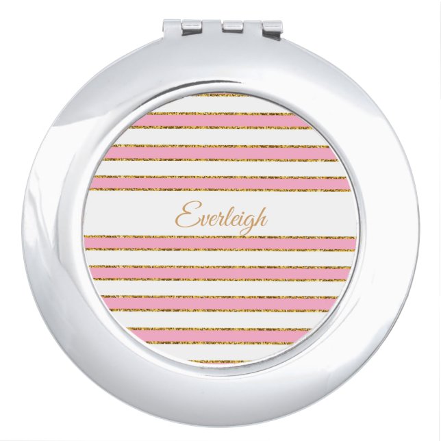 Pink and Gold Glitter Striped Monogram Compact Com Mirror (Front)