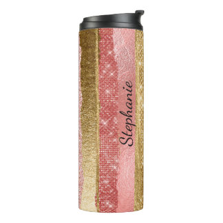Pink and Gold Glitter Stripes Thermal Tumbler