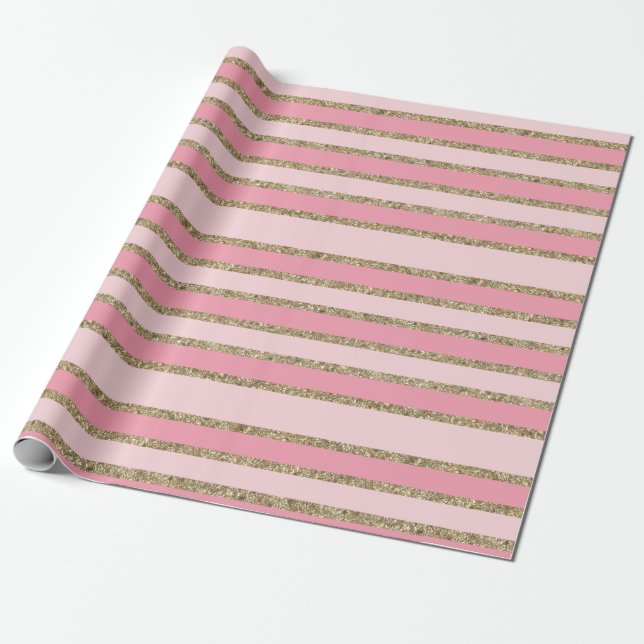 Pink and Gold Glitter Stripes Wrapping Paper (Unrolled)