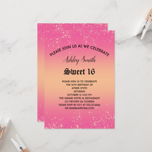 Pink and Gold Glitter Sweet 16 Invitation (Front/Back In Situ)