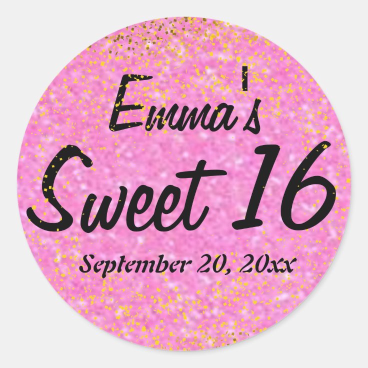 Pink and Gold Glitter Sweet 16 Personalized Classic Round Sticker Zazzle
