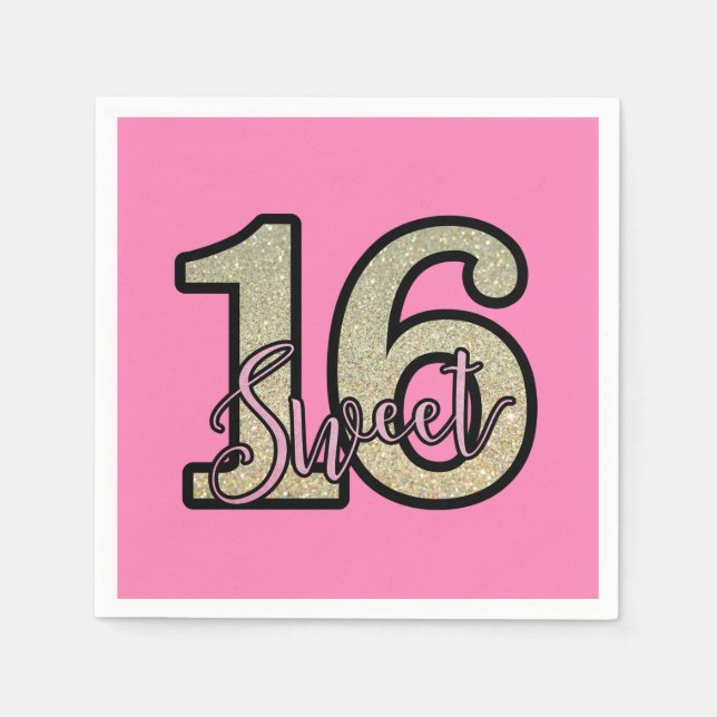 Pink and Gold Glitter Sweet 16th Birthday  Napkins (Front)