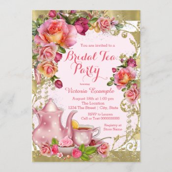 Pink And Gold Glitter Tea Party Invitation by InvitationCentral at Zazzle