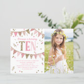 Pink and Gold Glitter Tenth Birthday Party Photo Invitation (Standing Front)