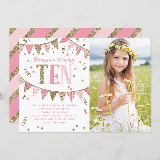 Pink and Gold Glitter Tenth Birthday Party Photo Invitation (Front/Back)