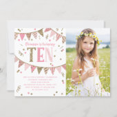 Pink and Gold Glitter Tenth Birthday Party Photo Invitation (Front)