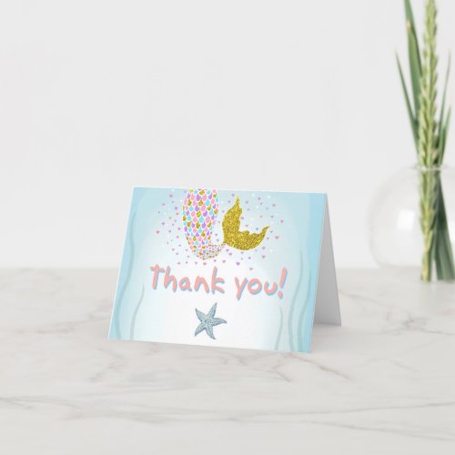 Pink and Gold Glitter Under the Sea Mermaid Party Thank You Card