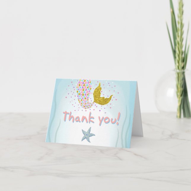 Pink and Gold Glitter Under the Sea Mermaid Party Thank You Card (Front)