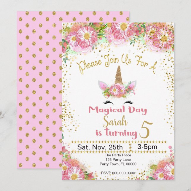 Pink and Gold Glitter Unicorn Birthday Invitation (Front/Back)