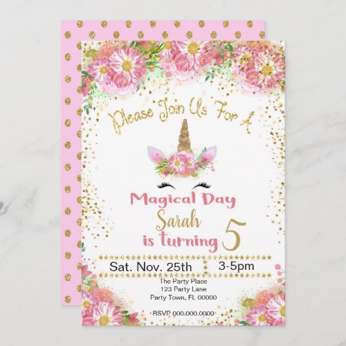 Pink and Gold Glitter Unicorn Birthday Invitation