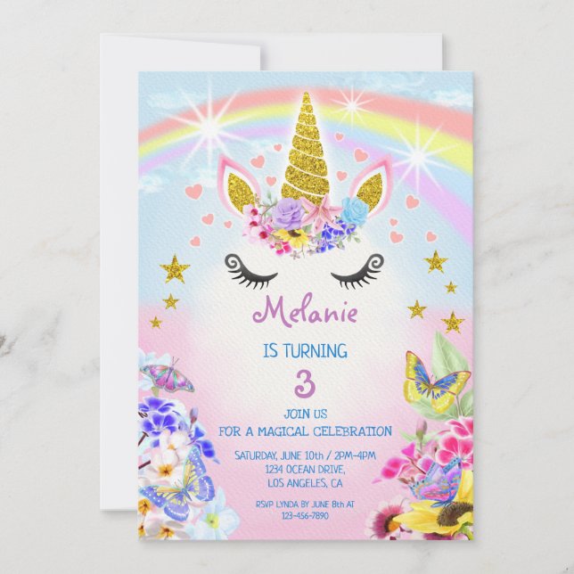 Pink and Gold Glitter Unicorn Rainbow Birthday Invitation (Front)