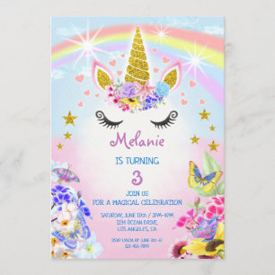 Pink and Gold Glitter Unicorn Rainbow Birthday Invitation