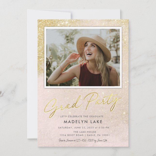 Pink and Gold Glitter Vertical 4 Photo Grad Party  Invitation (Front)