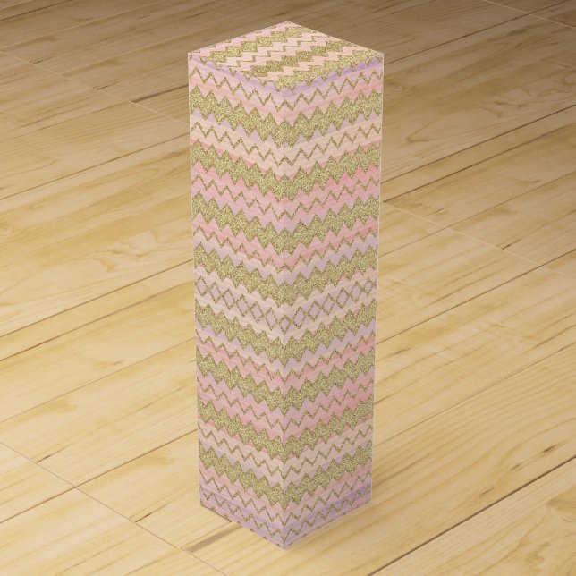 Pink and Gold Glitter Wavy Stripes Wine Box (Front)