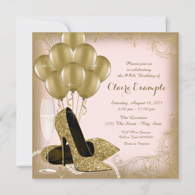 Pink and Gold Glitter Womans Birthday Party Invitation (Front)