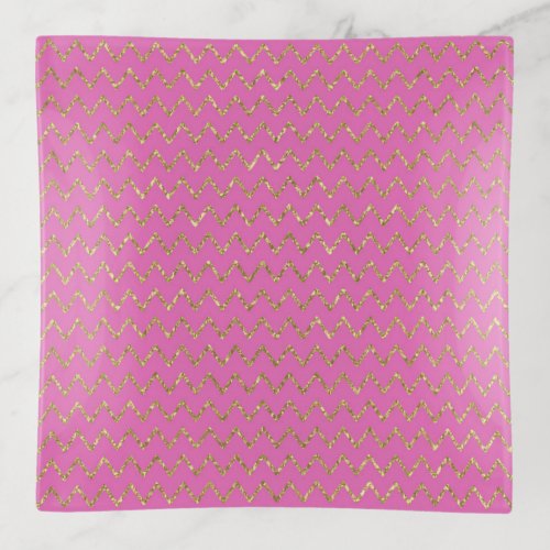 Pink and Gold Glitter Zig Zags Trinket Tray