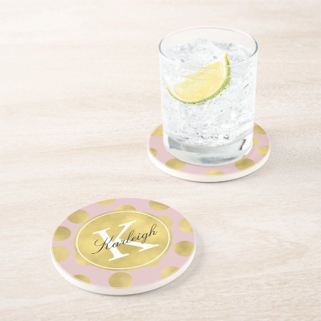 Pink and Gold Glitz Dots Monogram Drink Coaster (Side)