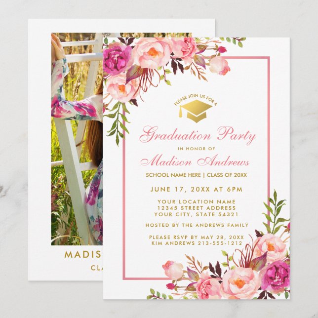 Pink and Gold Graduation Party Invite - Photo Back (Front/Back)