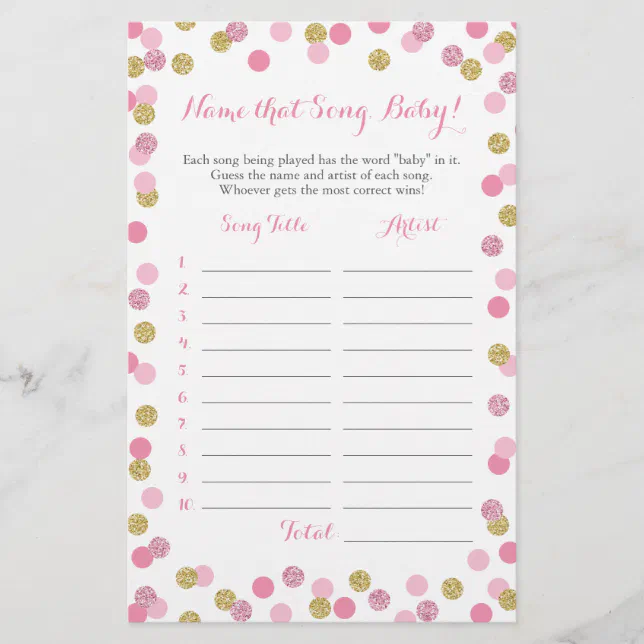 Pink and Gold Guess the Baby Song Baby Shower Game | Zazzle