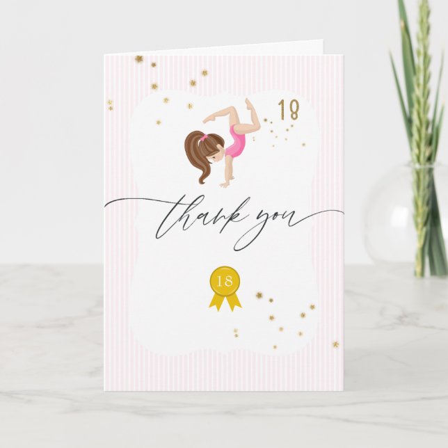 Pink and Gold Gymnastics 18th Birthday Party Thank You Card (Front)
