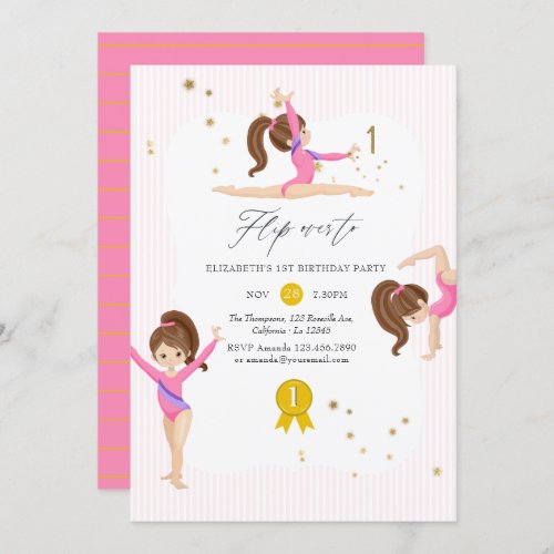 Pink and Gold Gymnastics 1st Birthday Party Invitation