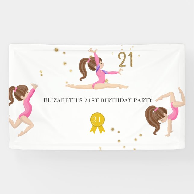 Pink and Gold Gymnastics 21st Birthday Banner (Horizontal)