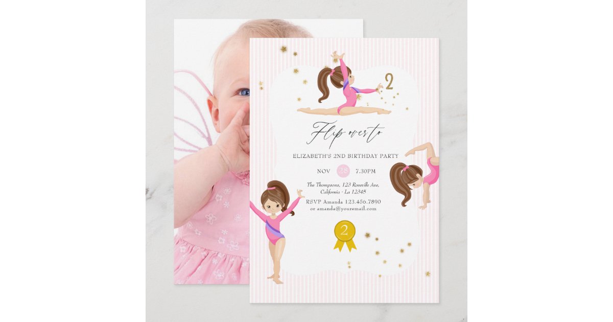 Pink and Gold Gymnastics 2nd Birthday Party Photo Invitation | Zazzle