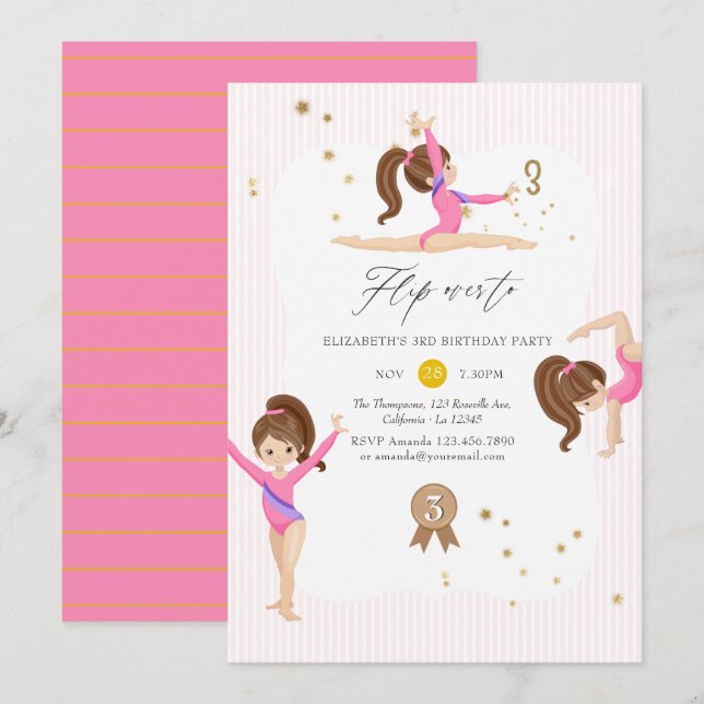 Pink and Gold Gymnastics 3rd Birthday Party Invitation (Front/Back)