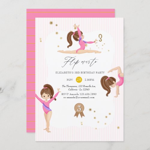Pink and Gold Gymnastics 3rd Birthday Party Invitation